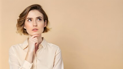 Wall Mural - Photo of doubtful unsure lady dressed shirt arms chin looking empty space isolated beige color background