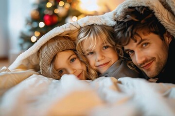 Cozy indoor scene with a family of three, two parents and a child, smiling under a blanket with Christmas tree in the background