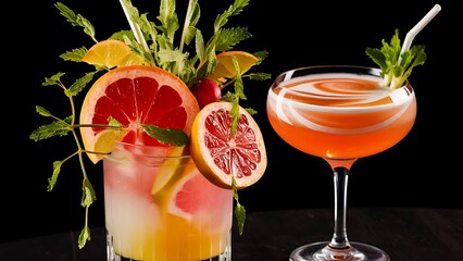 Jug and glass of grapefruit lemonade with fresh fruits and green mint in a glass on black background refreshing summer drinks on the table glass of cocktail