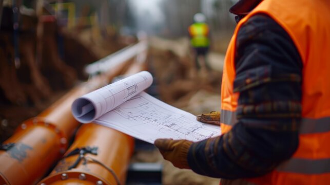 A close-up of a canal engineer holding a blueprint while inspecting newly installed pipes