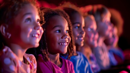 A close-up photo of several young children sitting in a theater, their faces illuminated by the stage lights, as they watch a performance with delight