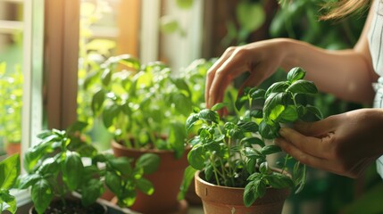 A womans hands gently touch the leaves of a potted herb plant growing on a sunny kitchen windowsill. Other potted herbs can be seen in the background