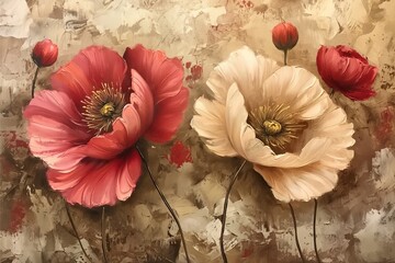 Wall Mural - An oil painting of poppies set against a background of brown and cream.