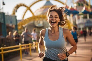 Wall Mural - Portrait of a joyful woman in her 30s wearing a lightweight running vest in front of lively amusement park background