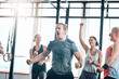 © DoneDeal/peopleimages.com - Workout, people and shout to celebrate success in exercise class, fitness and training goals. Sports, man and happiness for power challenge, winner or performance achievement at health club or gym
