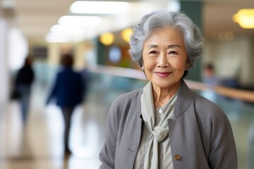 Wall Mural - Portrait of a happy asian woman in her 80s dressed in a stylish blazer while standing against busy hospital hallway background