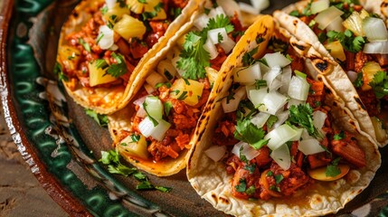 Wall Mural - Close-up of three Al Pastor tacos on a green and brown plate, topped with fresh pineapple, cilantro, and onion, showcasing the growing trend of homemade corn tortillas
