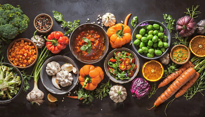 Diverse range of global cuisines. Top view of food ingredients and vegetables on dark background