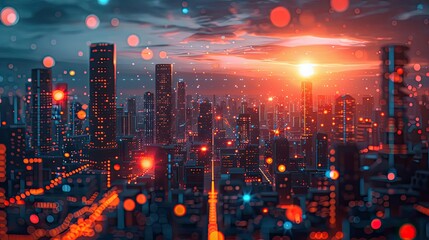 Futuristic cityscape with blockchain nodes