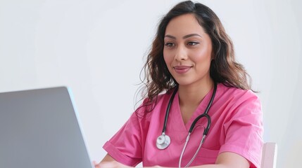 Wall Mural - a 35 year old nurse wearing pink scrubs sitting at the nurses station desk, happy, working on laptop, focused, white background for design usage,