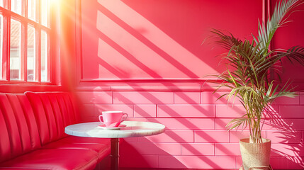 A pink room with a table and a plant. The table has a cup on it. The room is bright and cheerful