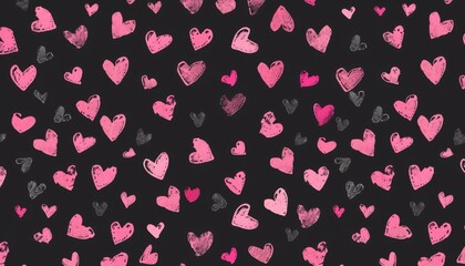 Wall Mural - Abstract Art with Pink and Grey Hearts on Dark Background. Modern Romantic Pattern