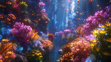 A Glowing, bioluminescent plants thrive underwater in a 3D scene, creating an otherworldly coral reef ecosystem.