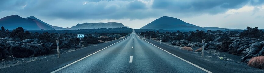 Wall Mural - The image shows a road with mountains and a cloudy sky in the background