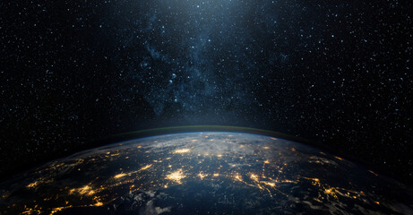 Wall Mural - view of the earth, star and galaxy. sunrise over planet earth, view from space. concept on the theme