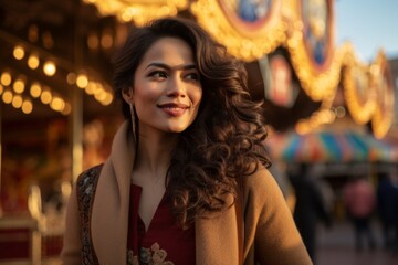 Wall Mural - Portrait of a glad indian woman in her 30s dressed in a warm wool sweater in front of lively amusement park background