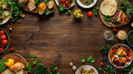 Table scene with a selection of delicious foods. Top view over a dark wood banner background . Modern cover header background banner with space for text, top view Cover ads banner, flyer, Blank