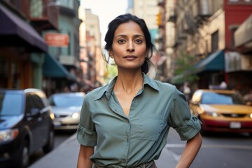 Wall Mural - Portrait of a tender indian woman in her 40s sporting a breathable hiking shirt isolated on bustling city street background