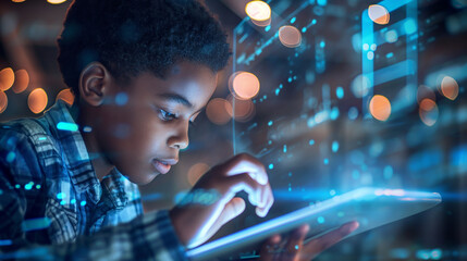 A young boy using a digital tablet to learn coding, representing the future of tech education and opportunities.