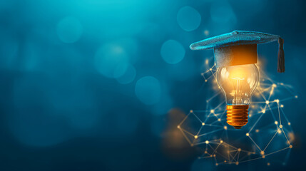 Wall Mural - A futuristic smart education concept featuring a glowing bachelor cap and a bright light bulb on a blue background, symbolizing innovation in learning.