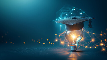 Wall Mural - A bachelor cap and light bulb glowing with digital brilliance, symbolizing the future of smart education on a blue background.