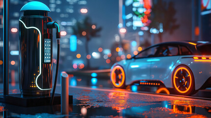 Wall Mural - A modern city scene featuring a high-tech electric vehicle charge station, glowing with digital indicators.