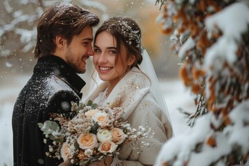 Wall Mural - The bride and groom share a loving embrace amidst a snowy background, epitomizing romantic winter nuptials