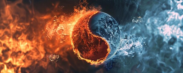 Yin yang symbol of fire and water depicting the impact of climate change on planet earth