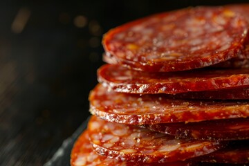 Wall Mural - A closeup photograph of a stack of sliced salami and sausage arranged on a black surface. The image captures the rich red hue of the cured meats