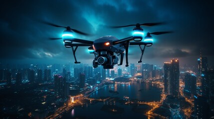 During nighttime, a sophisticated drone equipped with cuttingedge features hovers above a brightly lit city. It reflects the fusion of contemporary urban life and advanced technology