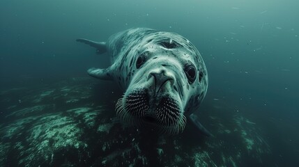 An underwater portrait of a seal facing the camera in murky waters showcasing its prominent whiskers