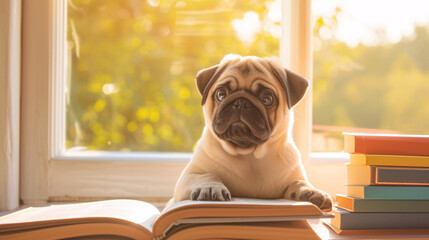 Wall Mural - Pug puppy with a wrinkled face investigating a stack of colorful books against a backdrop of warm sunlight