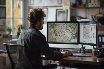 Wall Mural - A man sits at a desk in an office, intently studying geographic data displayed on two computer screens. He is focused on analyzing maps and other relevant information