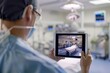 © Ilia Nesolenyi - A medical professional wearing a surgical mask and scrubs holds a tablet displaying an augmented reality simulation of a surgical procedure taking place in an operating room
