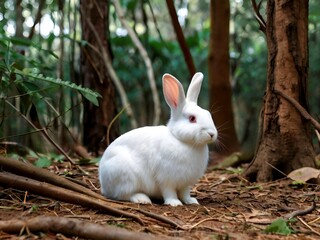 Wall Mural - Beautiful big white rabbit in a forest alone