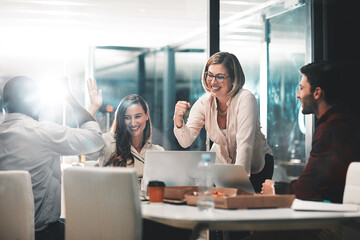 Poster - Business people, happy and celebration for success in office with company investment and stock market bonus. Teamwork, employees and support or trading achievement with night and excited in boardroom