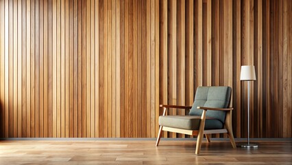 Sticker - A modern room with wooden panel walls, a chair, and a standing lamp.