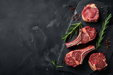 Wall Mural - A close-up shot of perfectly grilled steak cuts on a black stone background. The steaks are smoking and steaming, creating a visually appealing and appetizing scene