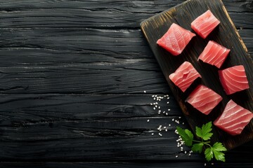 Wall Mural - Raw tuna fish pieces on a wooden cutting board, photographed from above on a black background