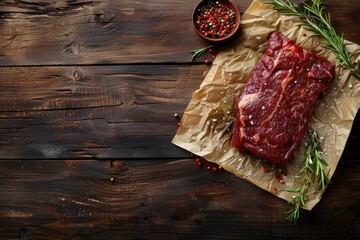 Three raw tuna steaks on a rustic wooden cutting board, sprinkled with salt and pepper, and garnished with fresh herbs