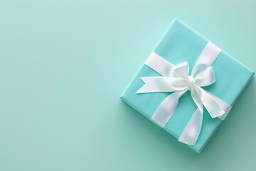 Elegant Tiffany blue gift box with white ribbon on light blue background