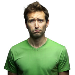 Man with uncertain expression in green shirt on transparent background