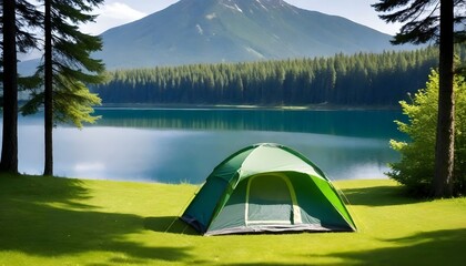 Camping with a tent set up on a grassy field near a serene lake , surrounded by tall trees .Travel, recreation, leisure, outdoor, adventure. 