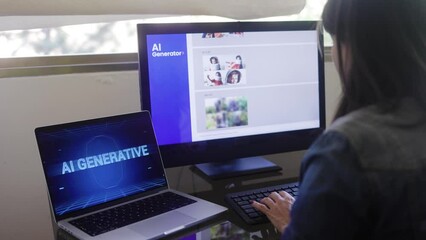 AI image generator app. Person creating photo art with Artificial Intelligence software in computer laptop. Technology trends