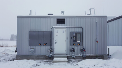 Industrial facility building in snowy environment with control equipment