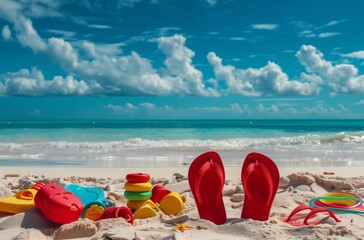 Canvas Print - 3 red flip flops and beach toys on the sand of an exotic caribbean island, blue sky, bright, colorful, vibrant, photo realistic 