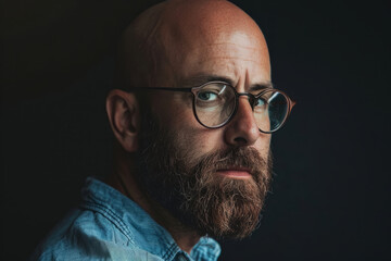 Wall Mural - Portrait of bald man with beard wearing glasses in denim shirt