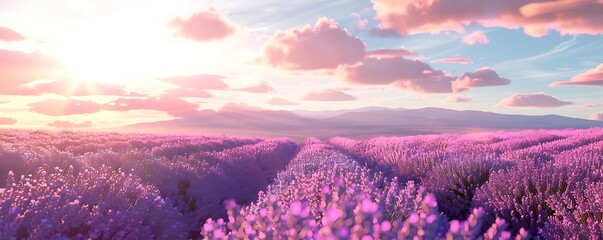 Wall Mural - a stunning sunset over a vibrant lavender field, with a distant mountain and blue sky in the background, and a vibrant purple flower adding a pop of color to the scene