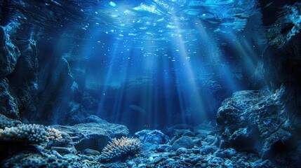 Wall Mural - Tranquil undersea environment with a blue sunbeam illuminating the deep water abyss