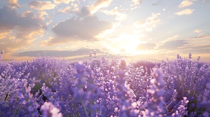 Wall Mural - a stunning sunset illuminates a vibrant lavender field, with the shining sun casting warm hues on the blue sky